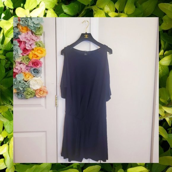 JAY GODFREY  Mini Dress Navy Blue‎ SMALL Cold Shoulder Sleeves Boat Neck Flowy - Picture 1 of 9